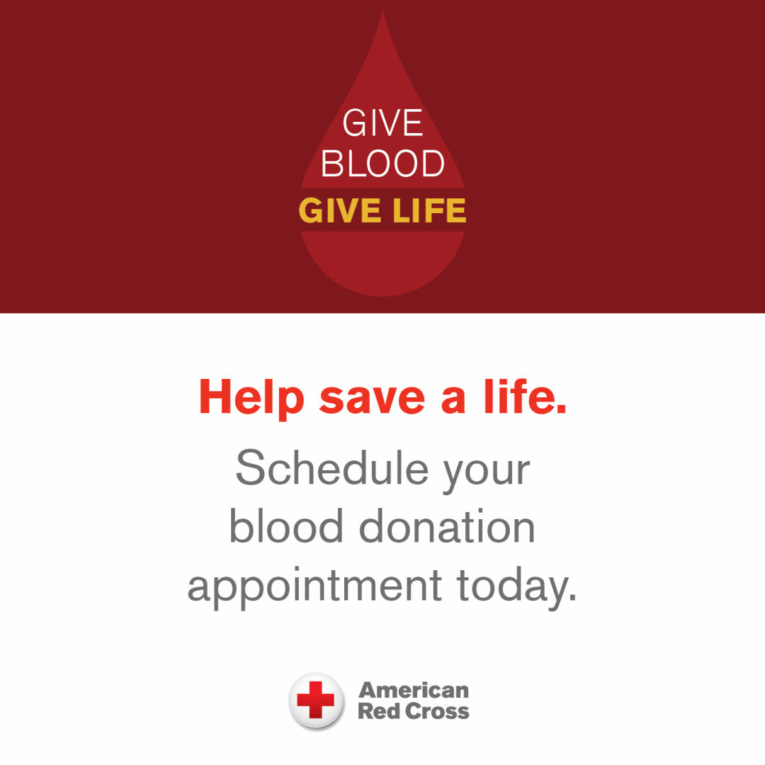 image of a blood drop and the text "Give Blood Give Life, Help save a life. Schedule your blood donation appointment today."