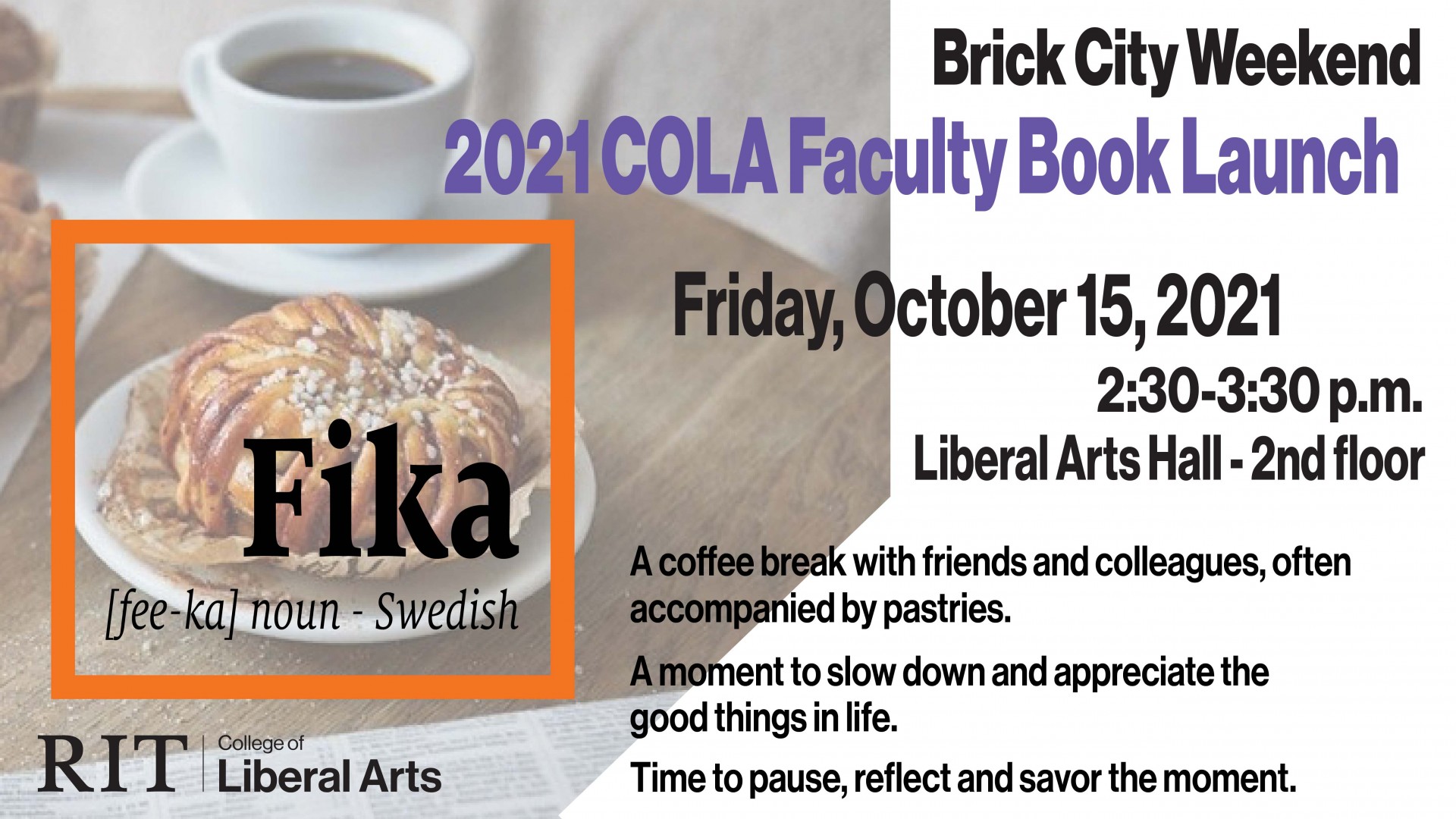 An image with a cup of coffee, danish and words explaining the in person book launch.