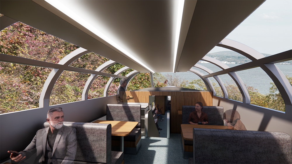 The interior of a train car dining area.