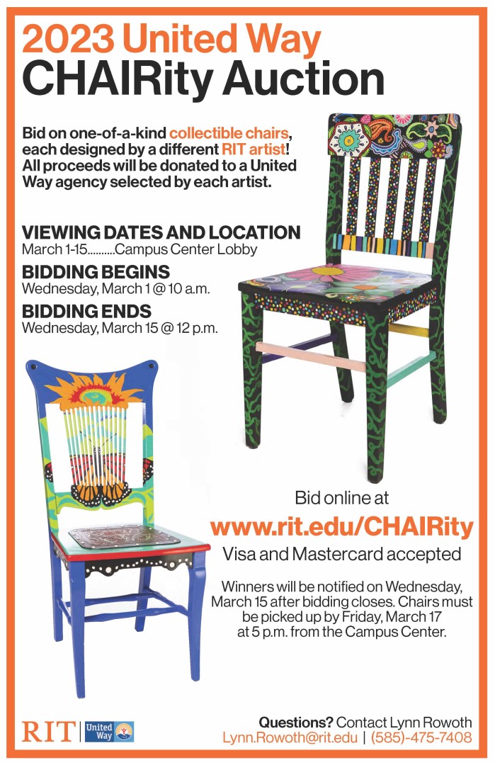 Chairity Auction Poster: Bidding March 1-15 Campus Center Lobby