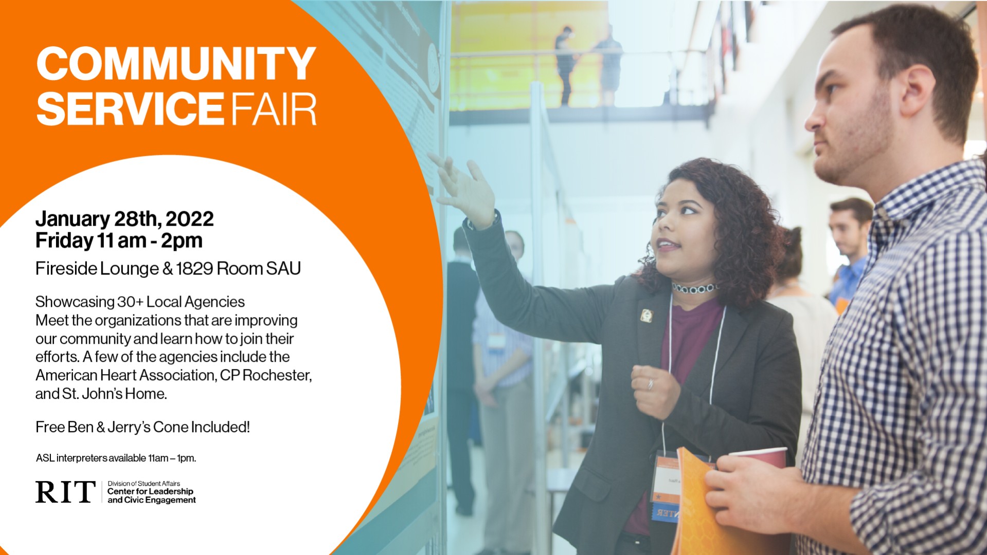 On the right side of the image, a woman and a man are engaged in conversation with each other, as the woman points to an object off screen. To the left of the image, a white circle containing the event details sits inside of a larger orange circle, which contains the name of the event "Community Service Fair".