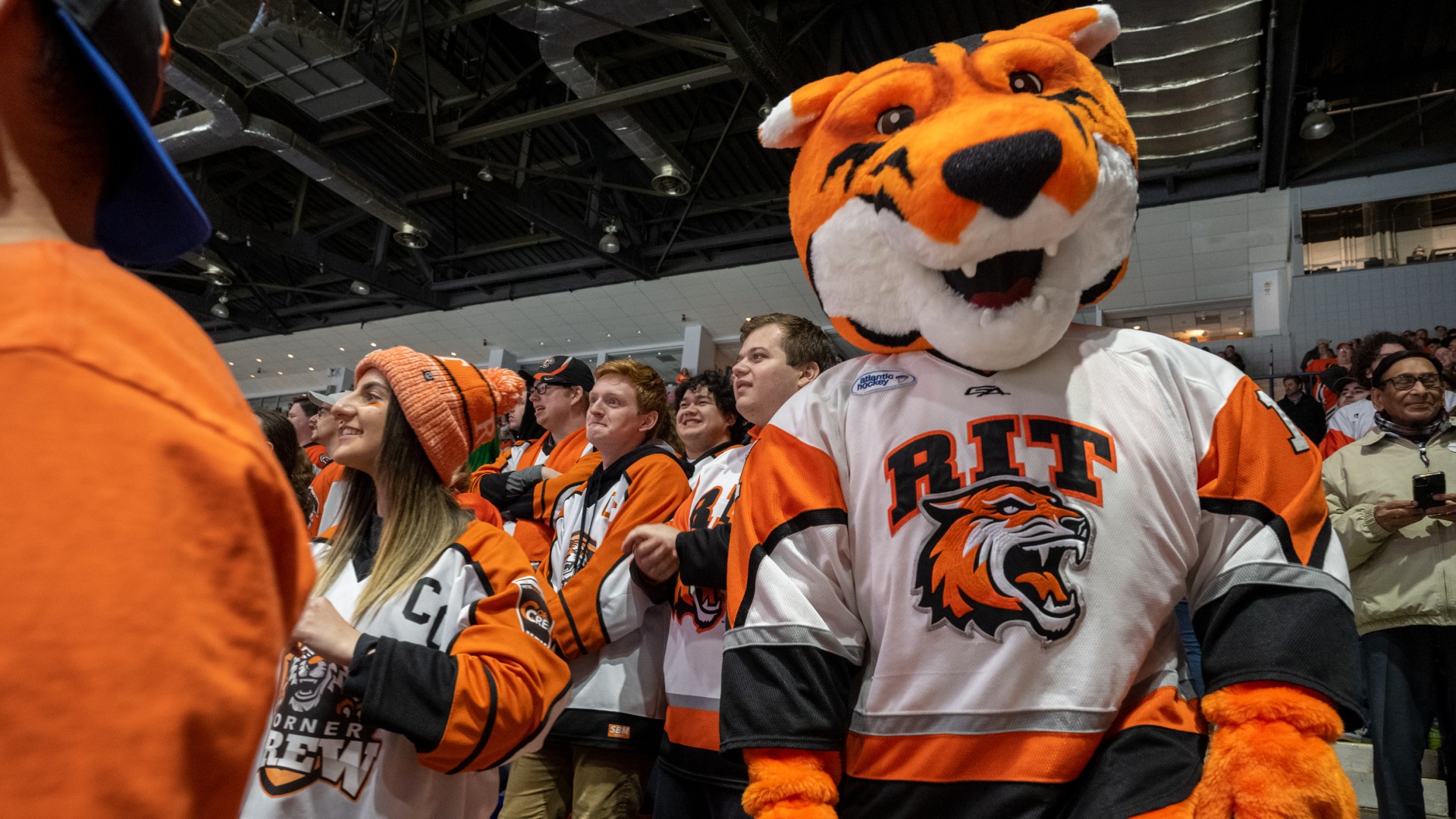 Image of RIT students and RITchie watching the Men's Hockey game with excitement.
