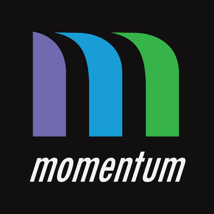 letter m in purple blue and green for the momentum program
