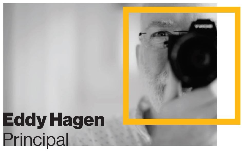 Eddy Hagen's name and title with a picture of him photographing the viewer
