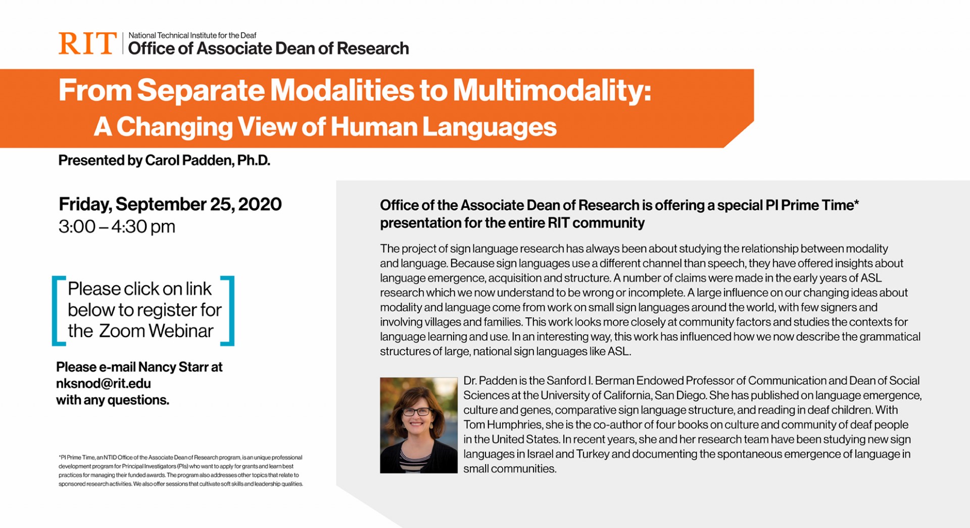 Photo of Dr. Padden – white skinned female with glasses and brunette hair wearing a striped shirt with black sweater in a fuzzy outdoor background.