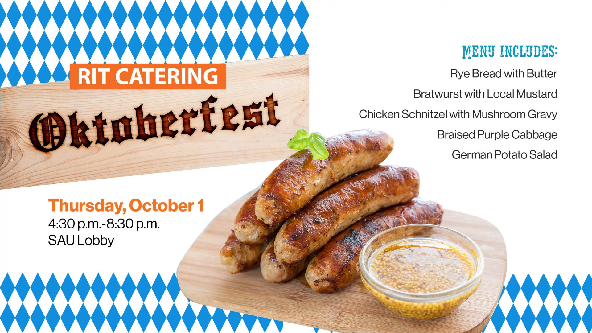 blue and white background with "Oktoberfest" and image of bratwurst