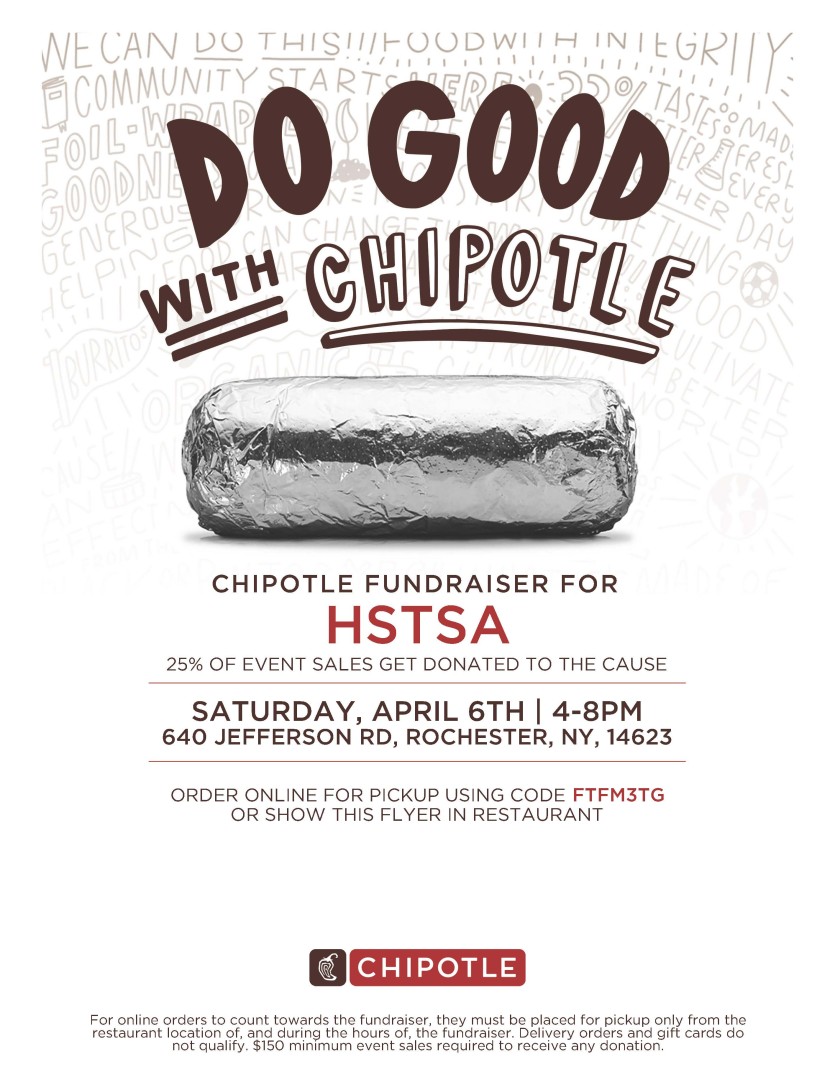 Chipotle fundraiser, April 6, 4pm - 8pm.  Use promo code FTFM3TG at online checkout.