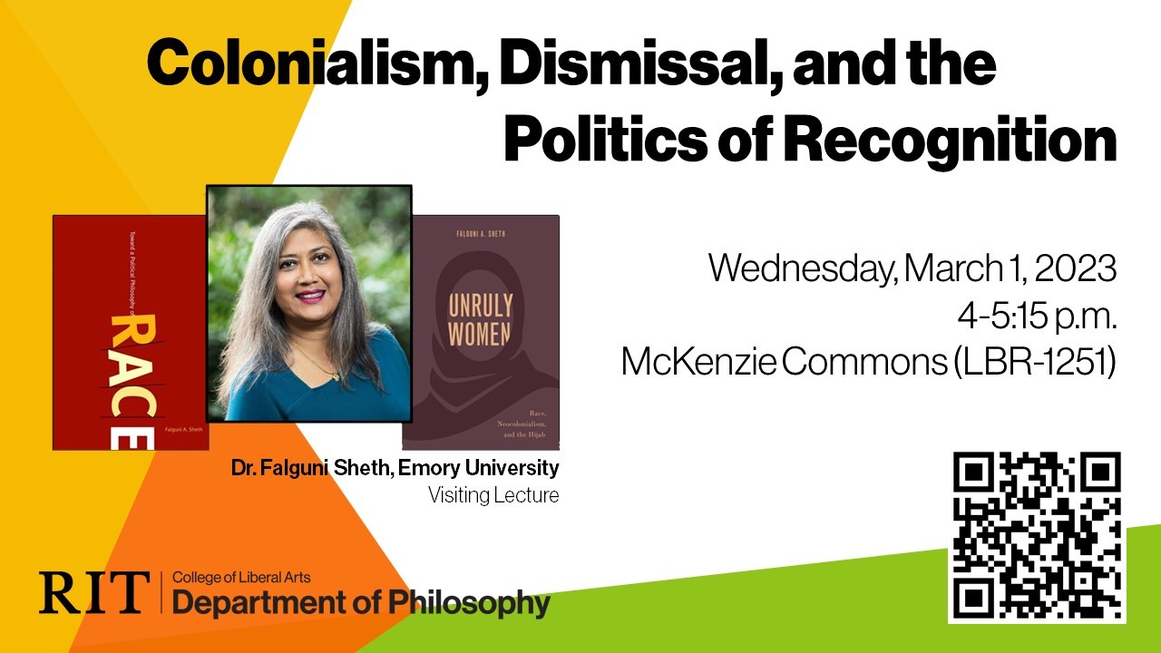 Flyer with colored shapes, image of speaker and text books. Text about the event.