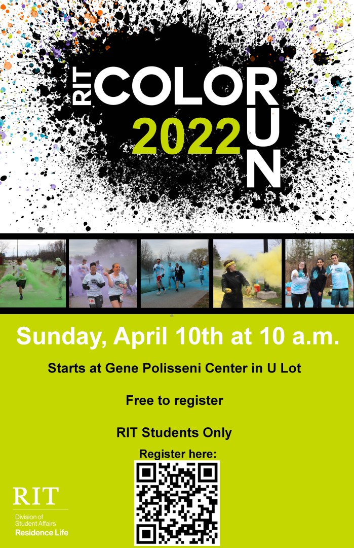 RIT Color Run 2022 - image of a splat of black paint and a QR code for registration.