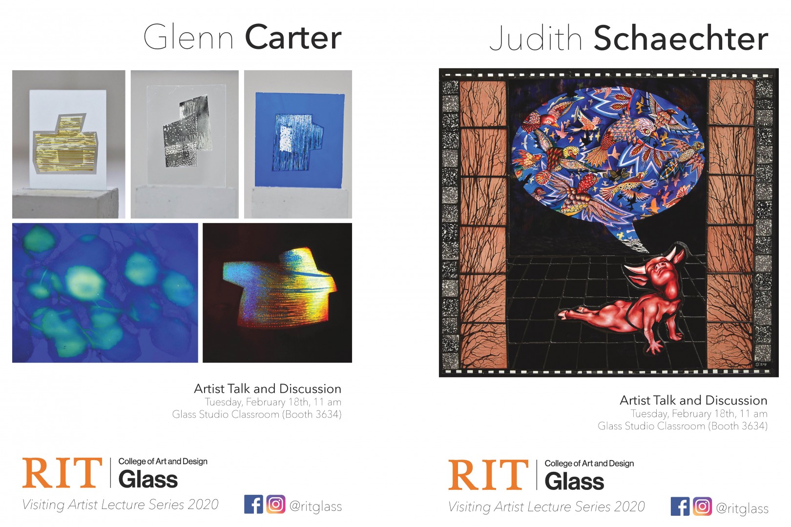 Dual posters featuring work by Judith Schaechter and Glenn Carter.
