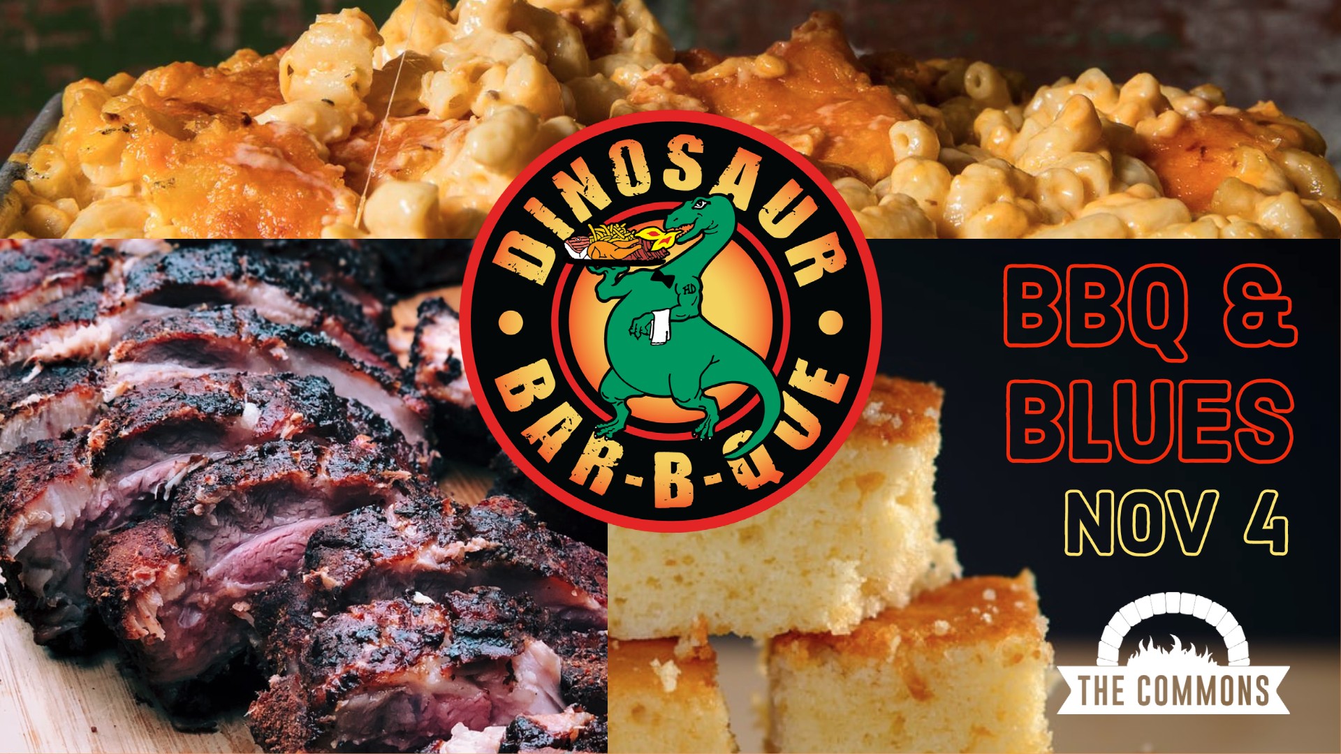 pictures of ribs, mac n cheese, and cornbread with "BBQ & Blues" and the Dinosaur BBQ logo