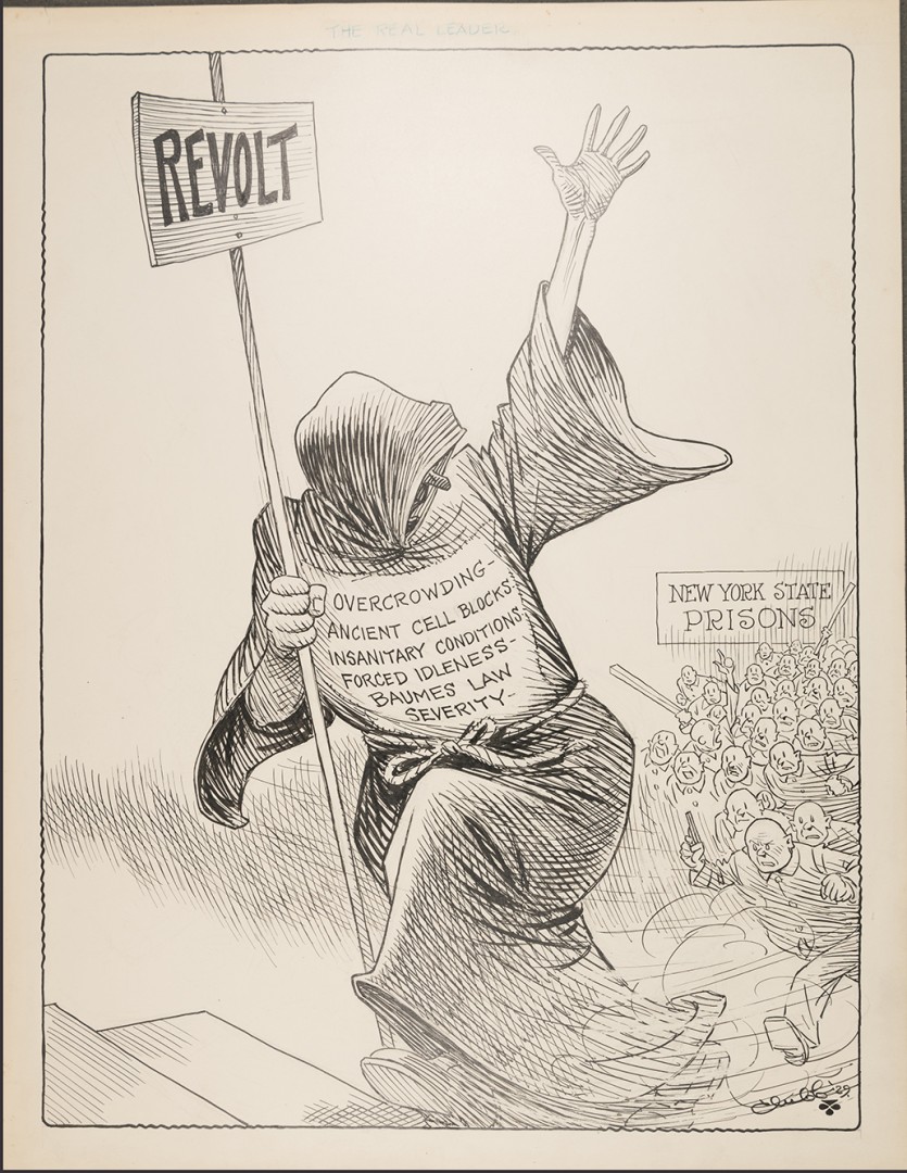 John Scott Club, "The Real Leader," 1929. Image of original cartoon by John Scott Clubb depicting a prison revolt.  