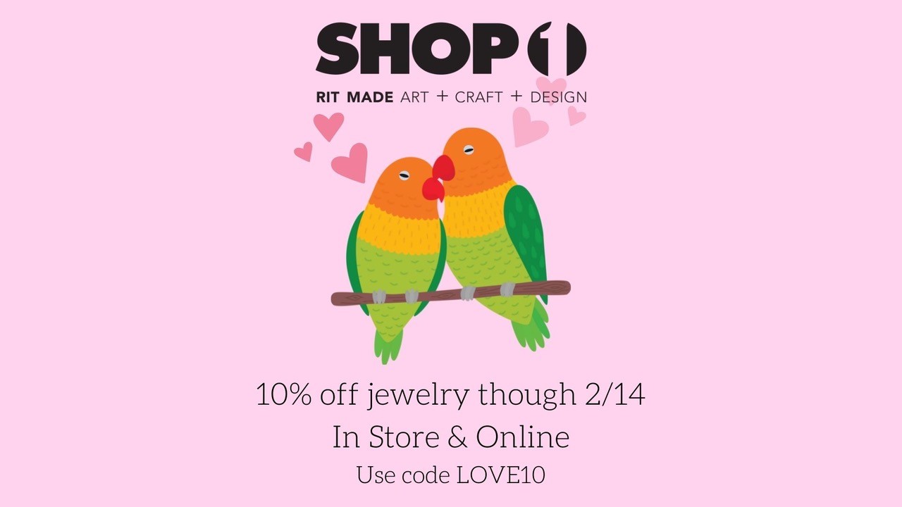 Two rainbow birds on a wire with hearts around on pink background