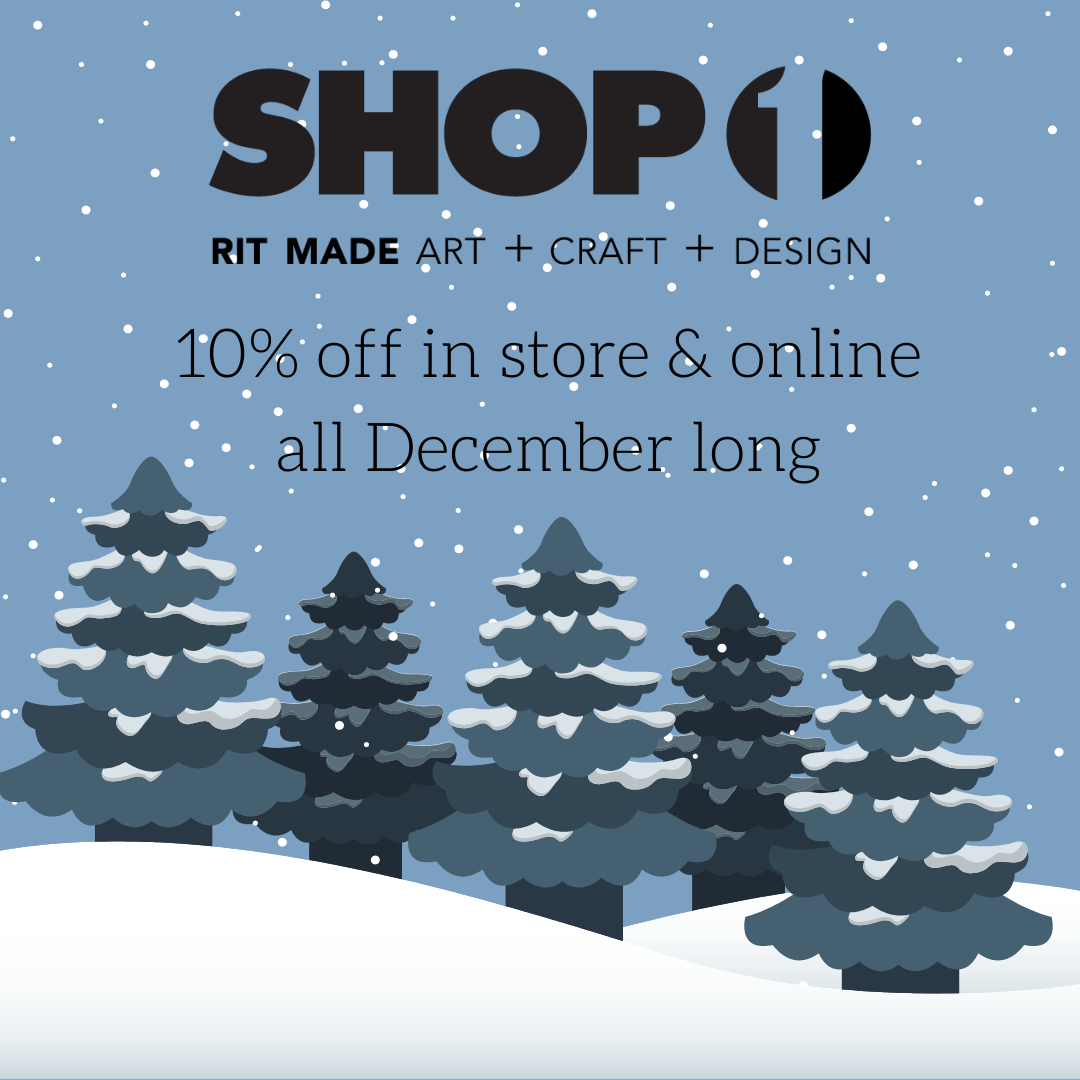 Shop One logo in blue sky above fir trees in snow