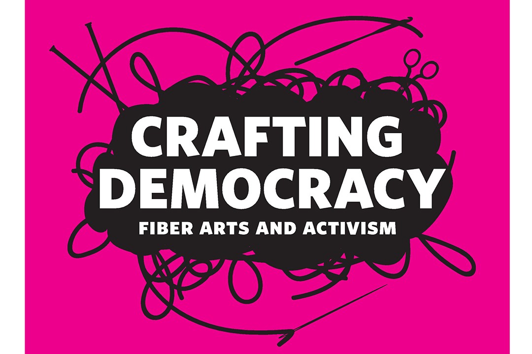 The exhibition logo for Crafting Democracy set on a pink background.