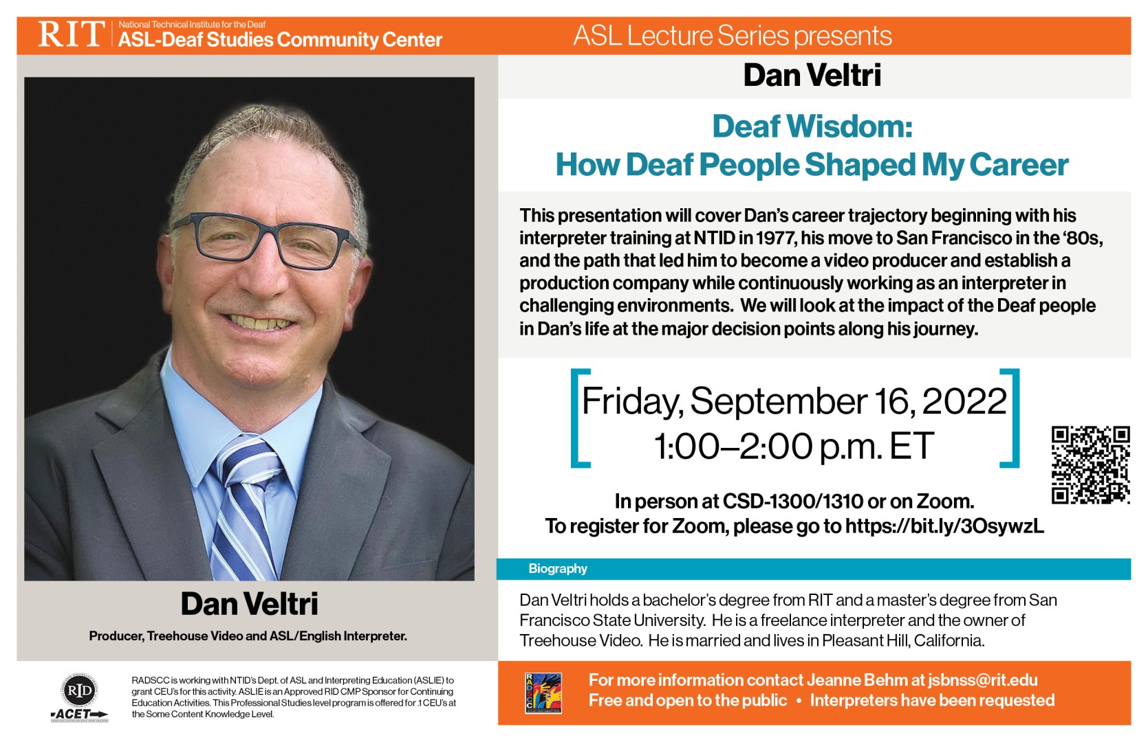 Flyer on ASL Lecture Series: Dan Veltri for Friday, Sept. 16, 2022