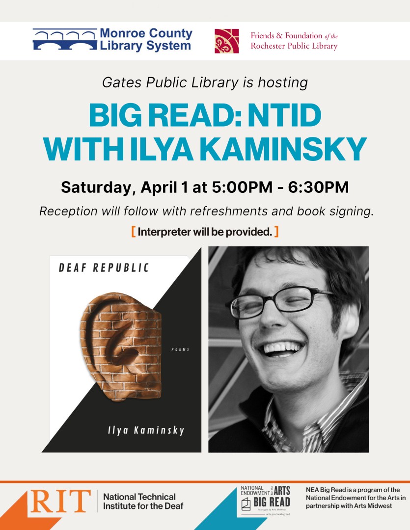 Image of a smiling Ilya Kaminsky and the cover of his book with logos from the various organizations sponosoring the Big Read event on Aprril 1.