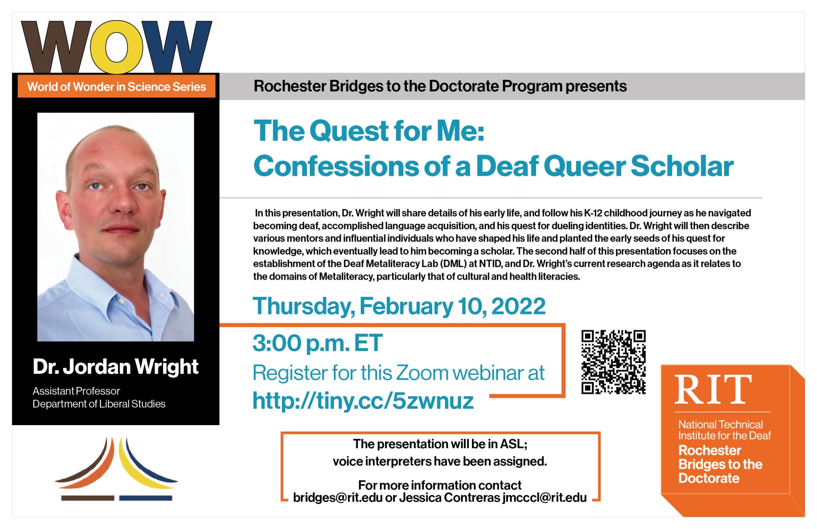 Photo of Dr. Jordan Wright description:, text underneath the photo: Caucasian male with buzz cut and blue eyes wearing a light blue button down shirt with plain white background, Assistant Professor Department of Liberal Studies