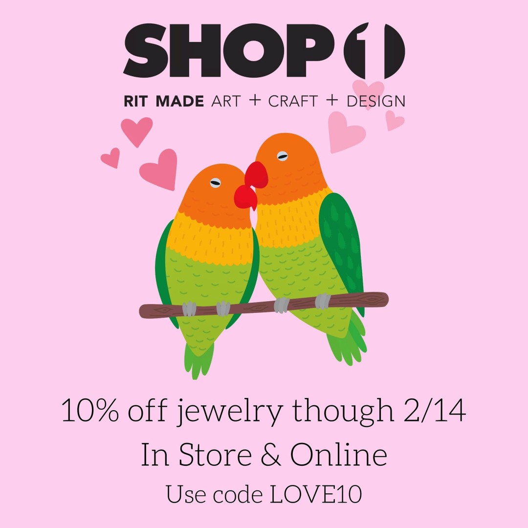 Two rainbow birds on a wire with hearts around. Shop One logo 