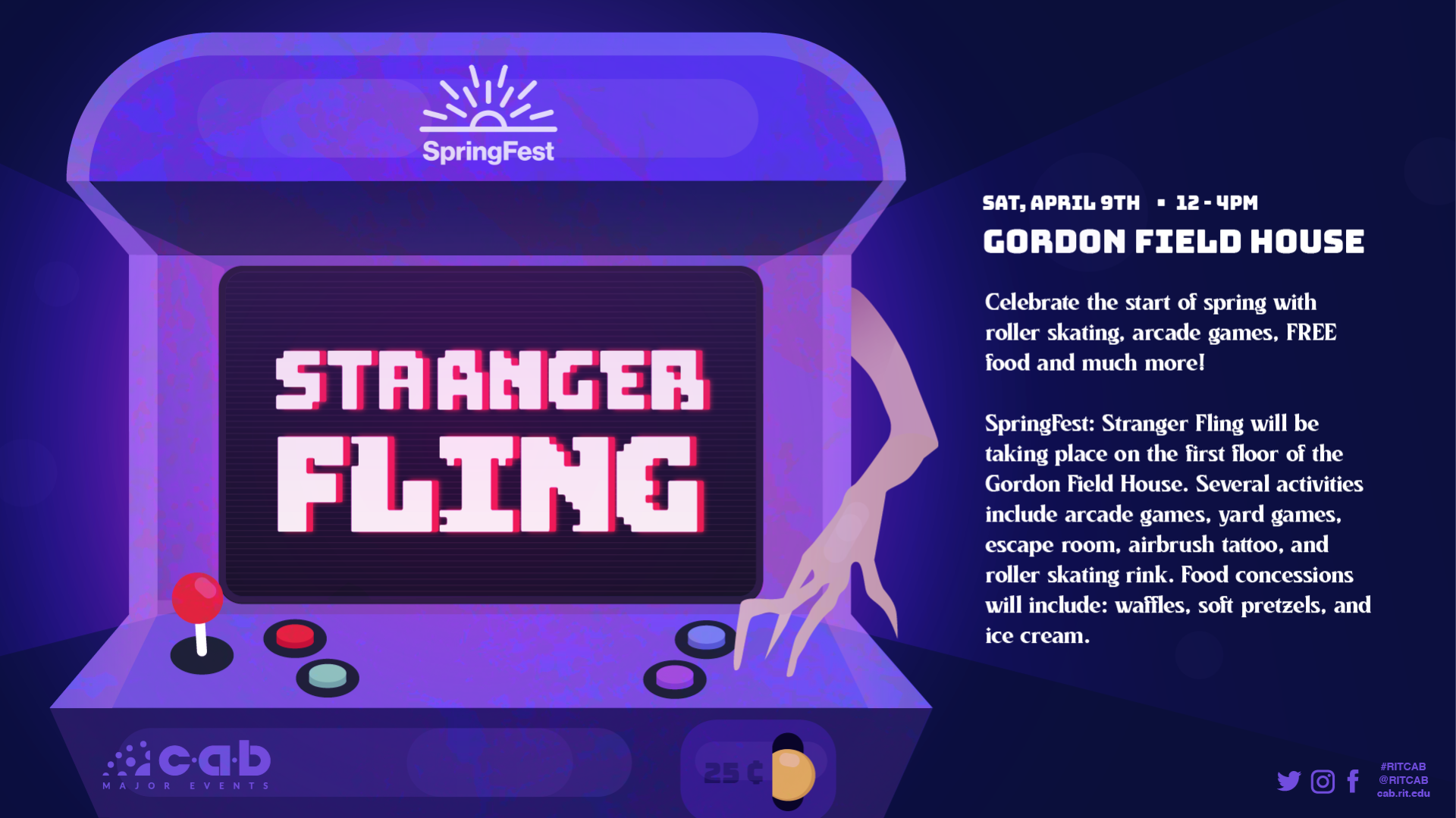 Stranger Fling will be taking place on the first floor of the Gordon Field House. Several activities include arcade games, yard games, escape room, airbrush tattoo, roller skating rink and Food concessions will. Food stations include: waffles, hot dogs, soft pretzels, and ice cream. 
