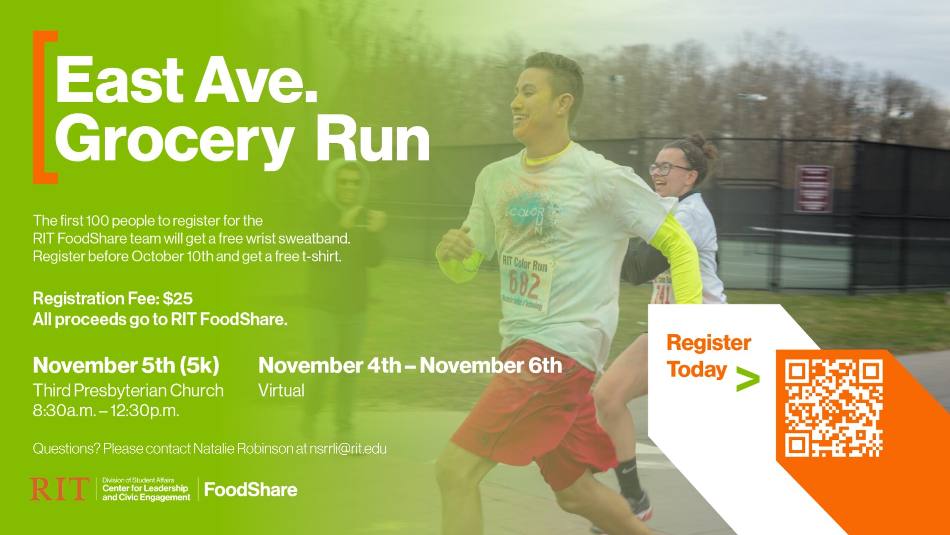 People running in a 5k race. QR code in the lower right corner for people to register for East Ave Grocery Run on November 5th. 