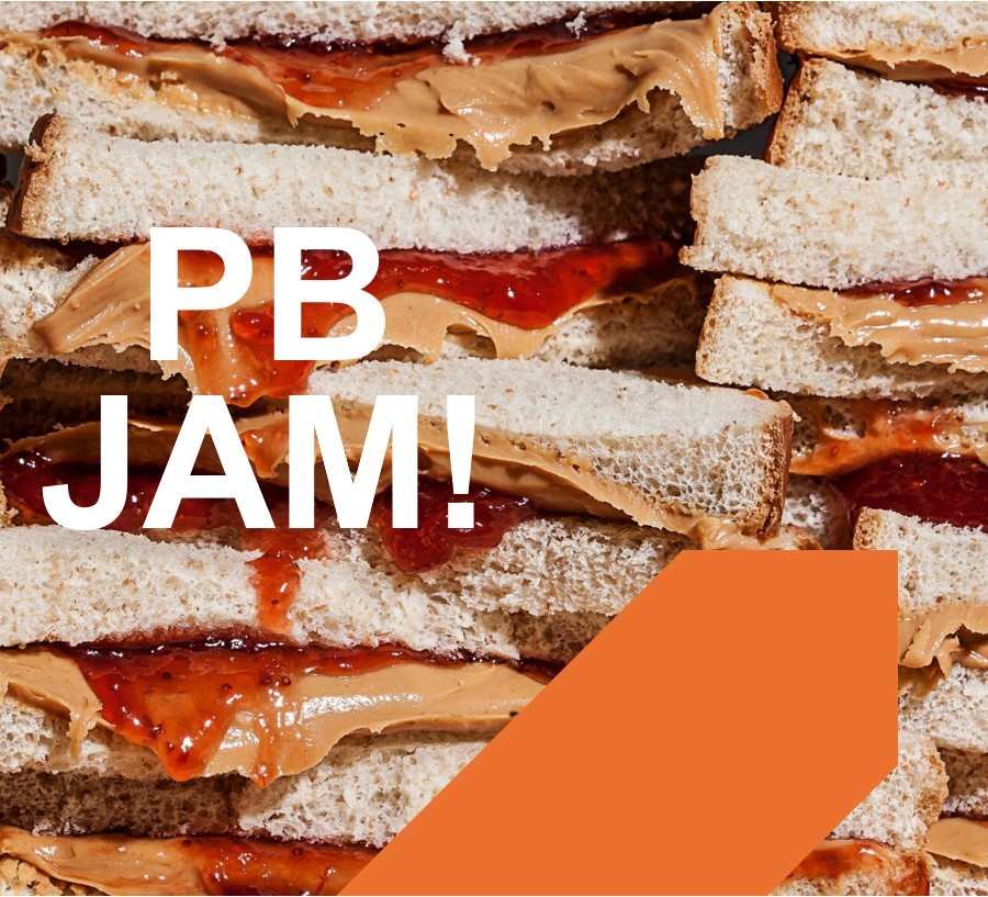 Stacks of Peanut Butter and Jelly Sandwihces with words "PB Jam" Written in white text overlayed