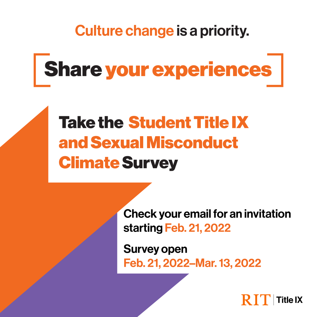 Take the Student Title IX and Sexual Misconduct Climate Survey with Orange and purple accent blocks