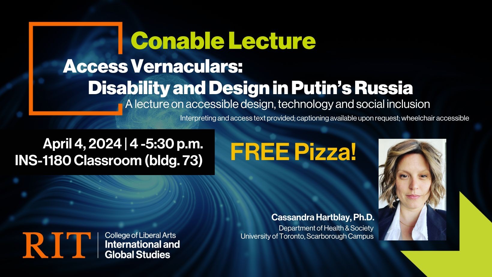 AI image with information about the event and an image of Cassandra Hartblay