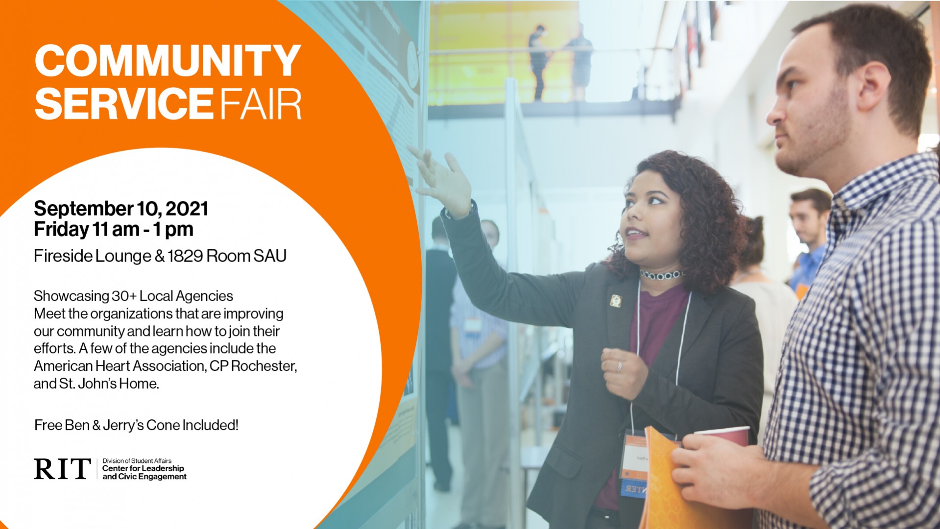 On the right side of the image, a woman and a man are engaged in conversation with each other, as the woman points to an object off screen. To the left of the image, a white circle containing the event details sits inside of a larger orange circle, which contains the name of the event "Community Service Fair".
