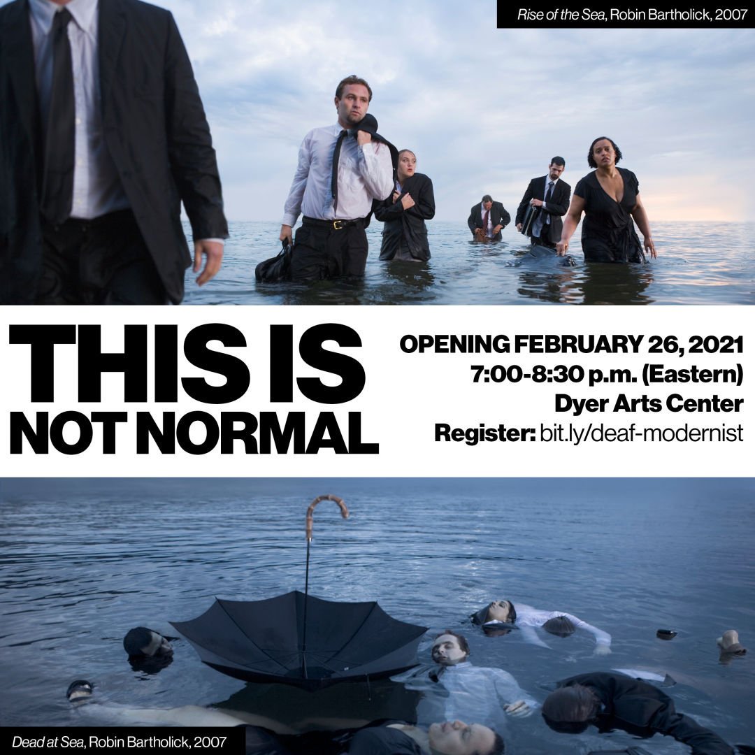 On the top image: six business people walking in water. On the bottom image: dead people floating in water.