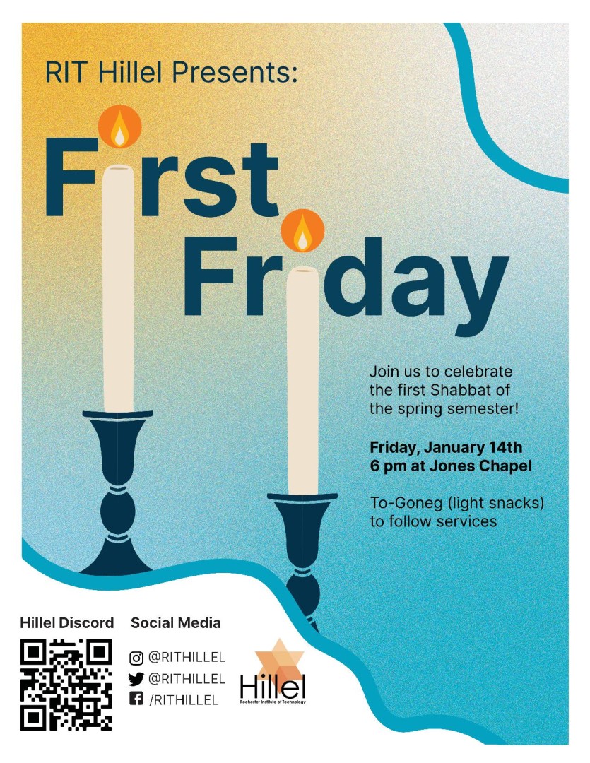 Poster reading "First Friday" and displaying Shabbat candles in addition to event details
