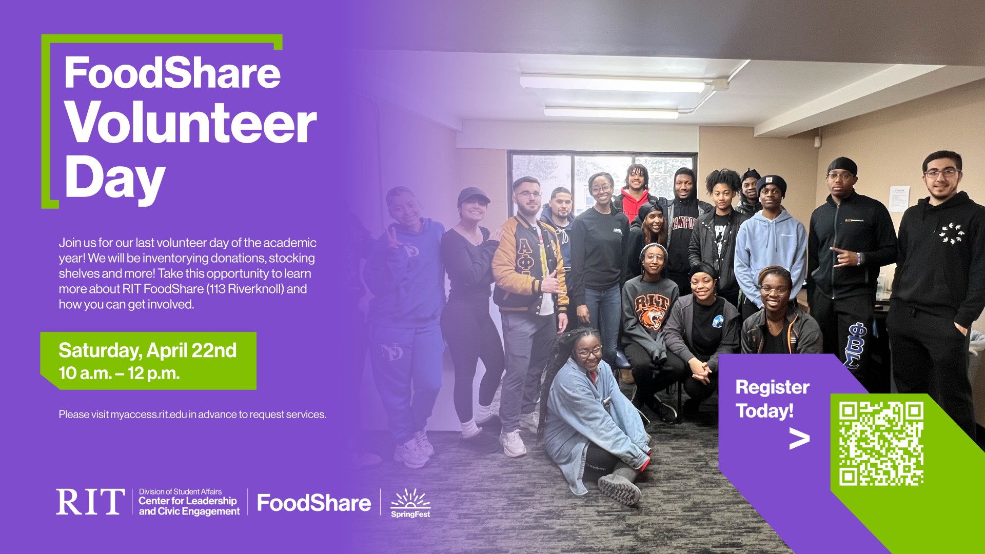 Purple gradient across an image of a group of FoodShare volunteers after a volunteer day.  "FoodShare Volunteer Day" written in white at the top left corner of the graphic. Event time, date and location in the lower left corner with the FoodShare and SpringFest combined lockup. QR code in the bottom right corner. 