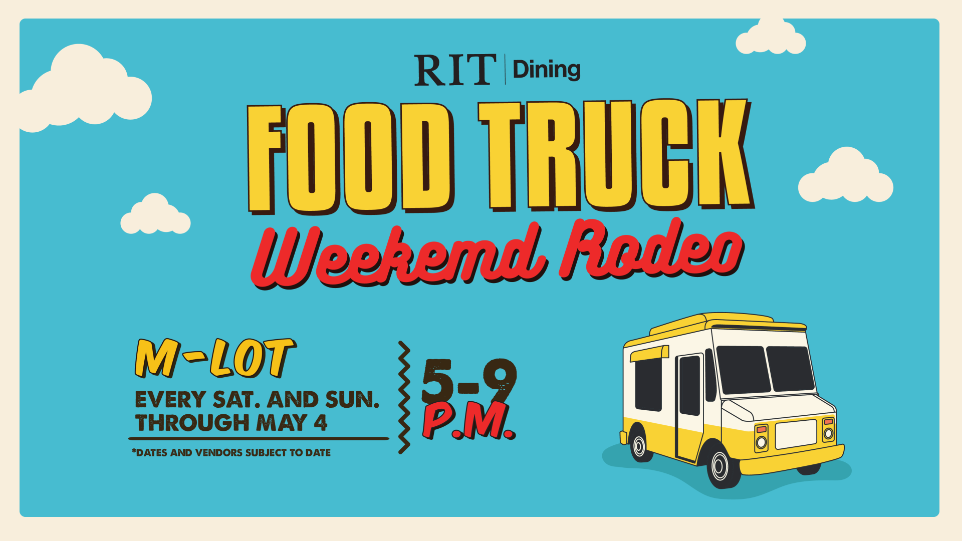 Bright Blue skies with clouds and event details with a yellow food truck