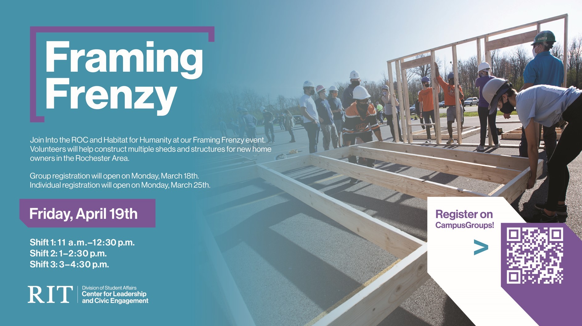 image of students lifting a wooden house frame while other students watch