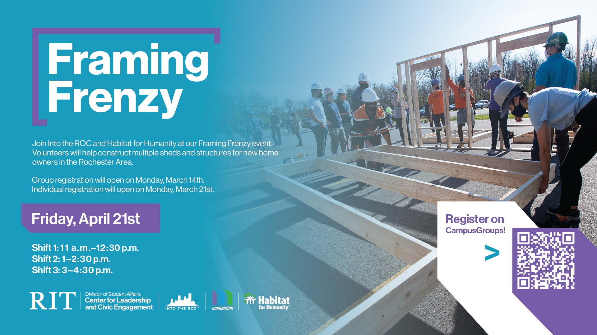 image of students lifting a wooden house frame while other students watch