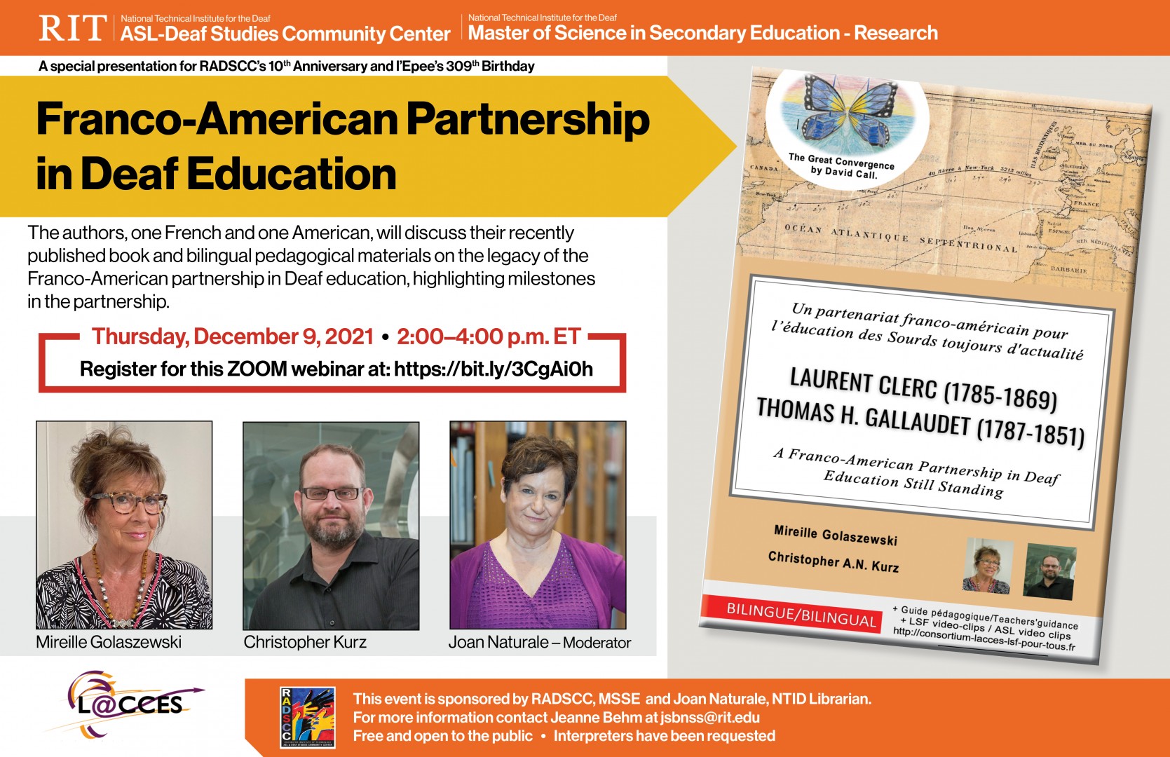 Picture features images of the 2 presenter's and the moderator as well as a book covering with French and English writing on it.