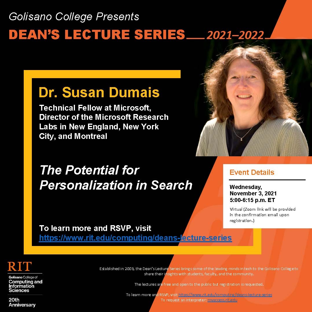 Golisano College presents Dean's Lecture Series with Dr. Susan Dumais