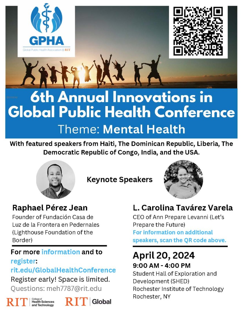 Innovations in Global Public Health conference flyer, silhouette image of people leaping in front of a sunset.  Also headshots of keynote speakers Raphael Perez jean and L. Carolina Tavarez Varela.