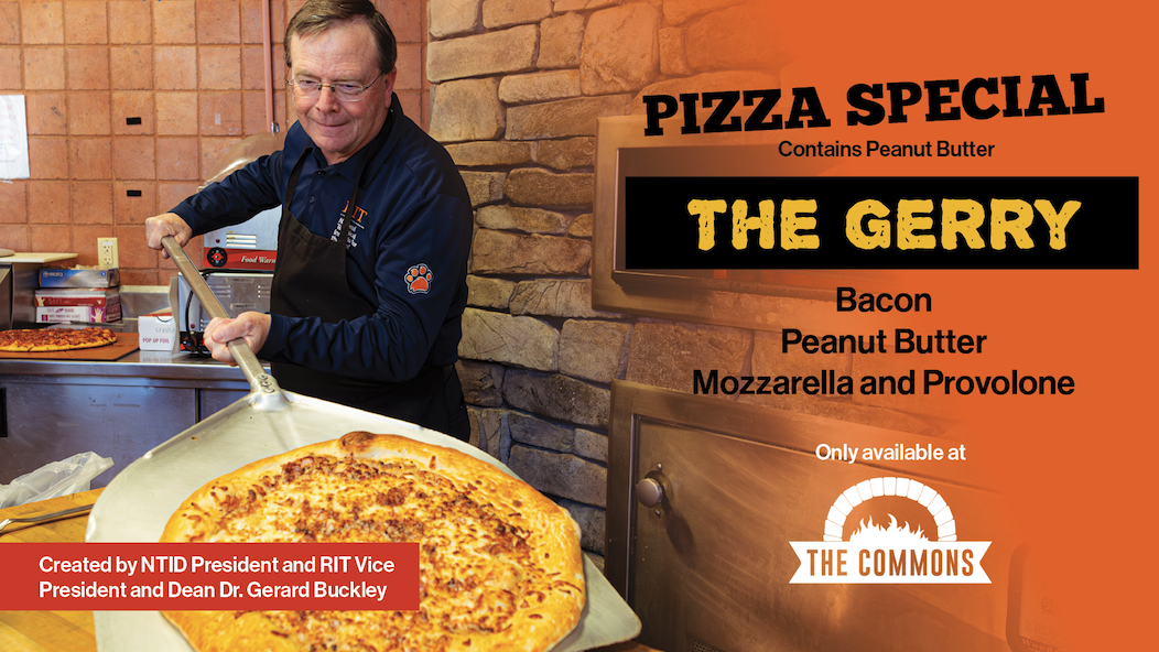 President Buckley with pizza and text about the promotion