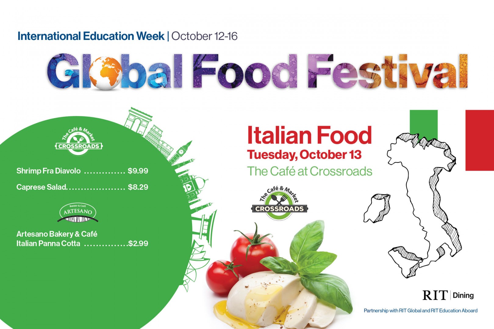 Graphic with text "Global Food Festival", "Italian Food", and outline of country