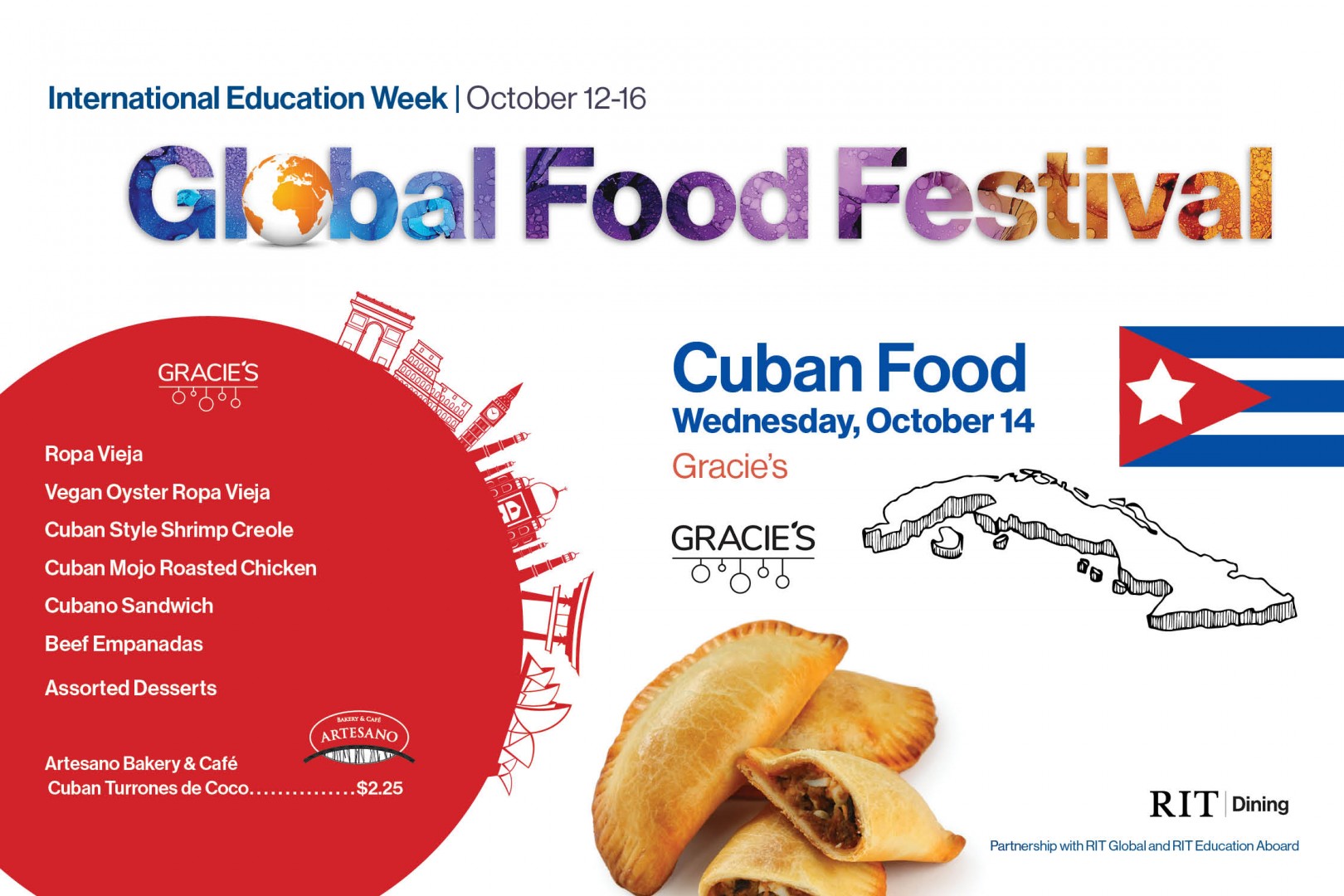 Graphic with text "Global Food Festival", "Cuban Food", and outline of country