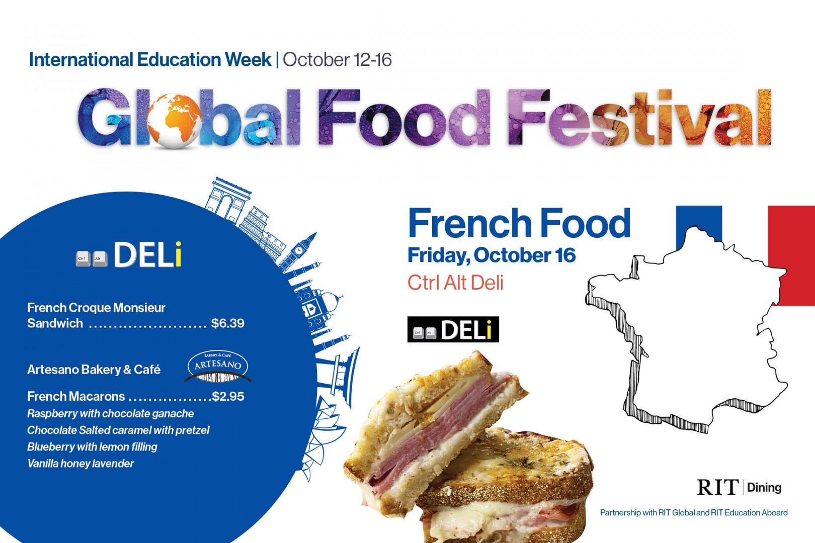 Graphic with text "Global Food Festival", "French Food", and outline of country