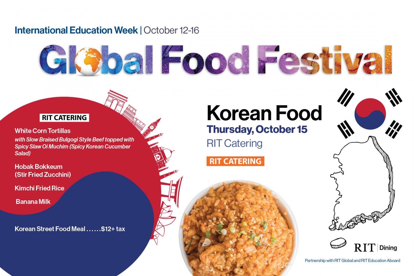 Graphic with text "Global Food Festival", "Korean Food", and outline of country