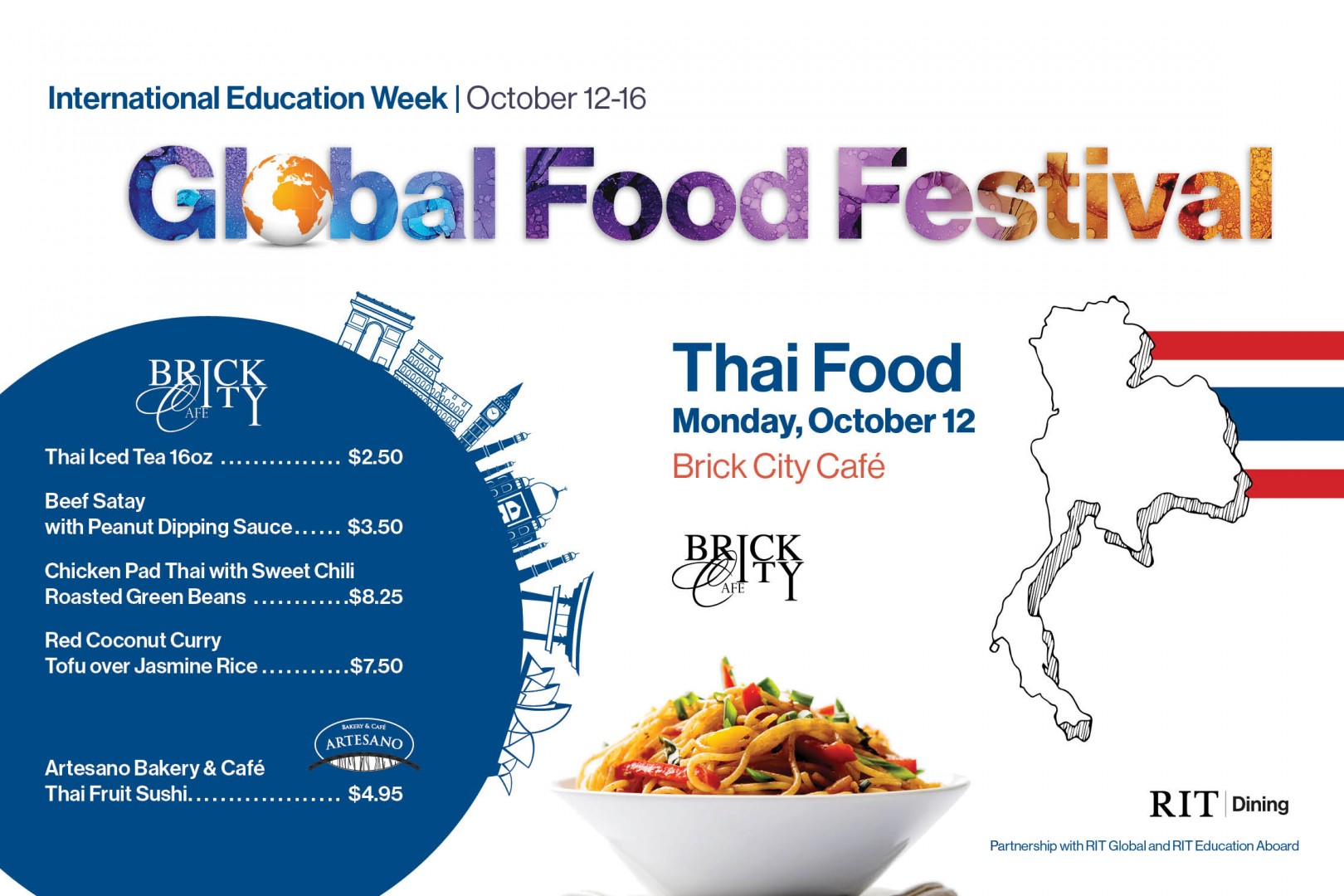 Graphic with text "Global Food Festival", "Thai Food", and outline of country