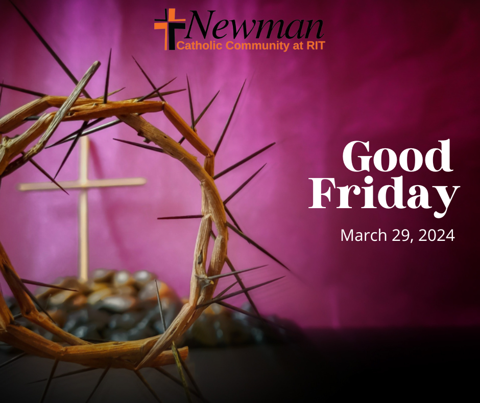 An image of the crown of thorns on a magenta background. The words 'Good Friday' are written.
