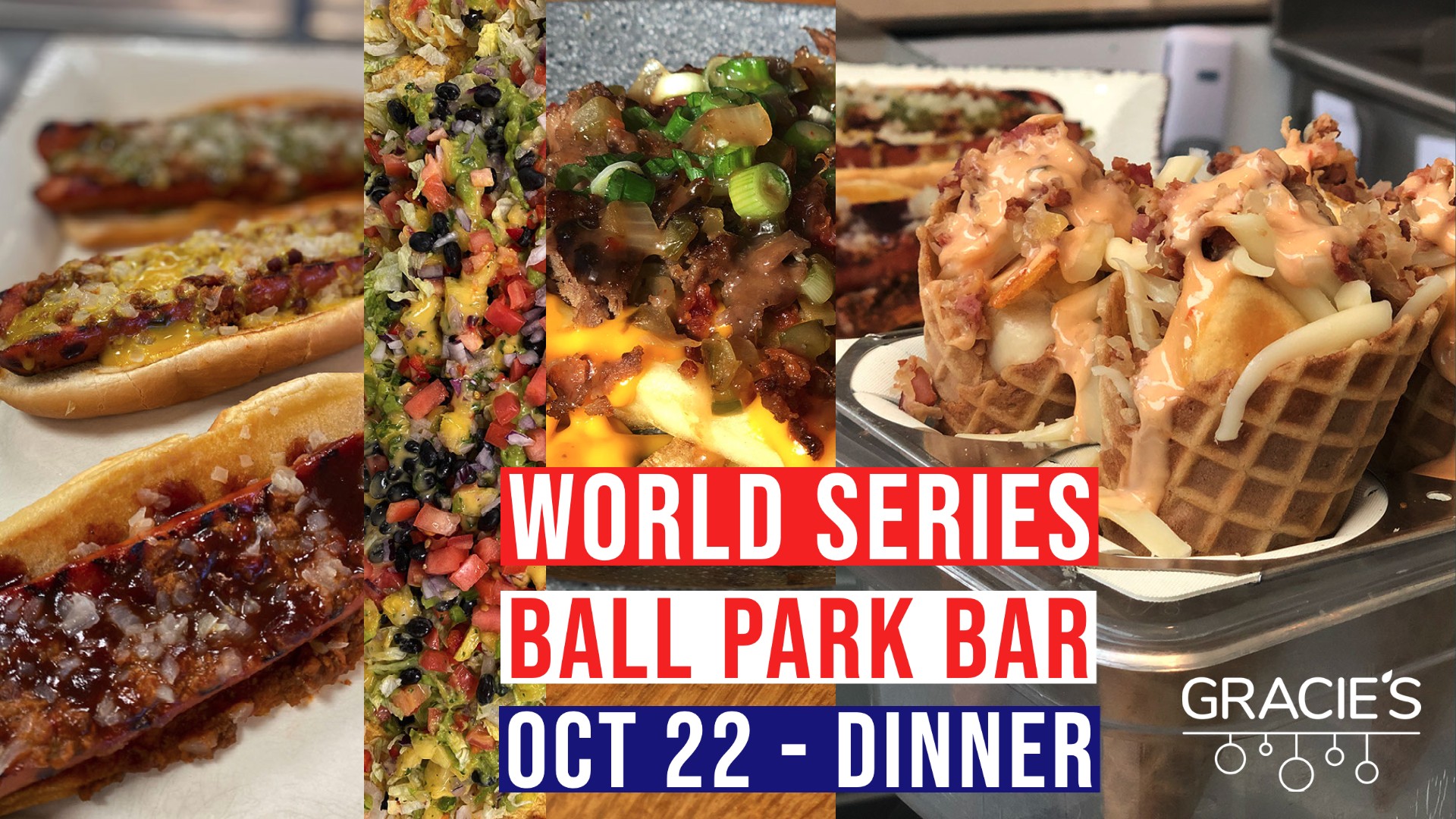 images of hot dogs, nachos, and a waffle cone with "World Series Ball Park Bar"