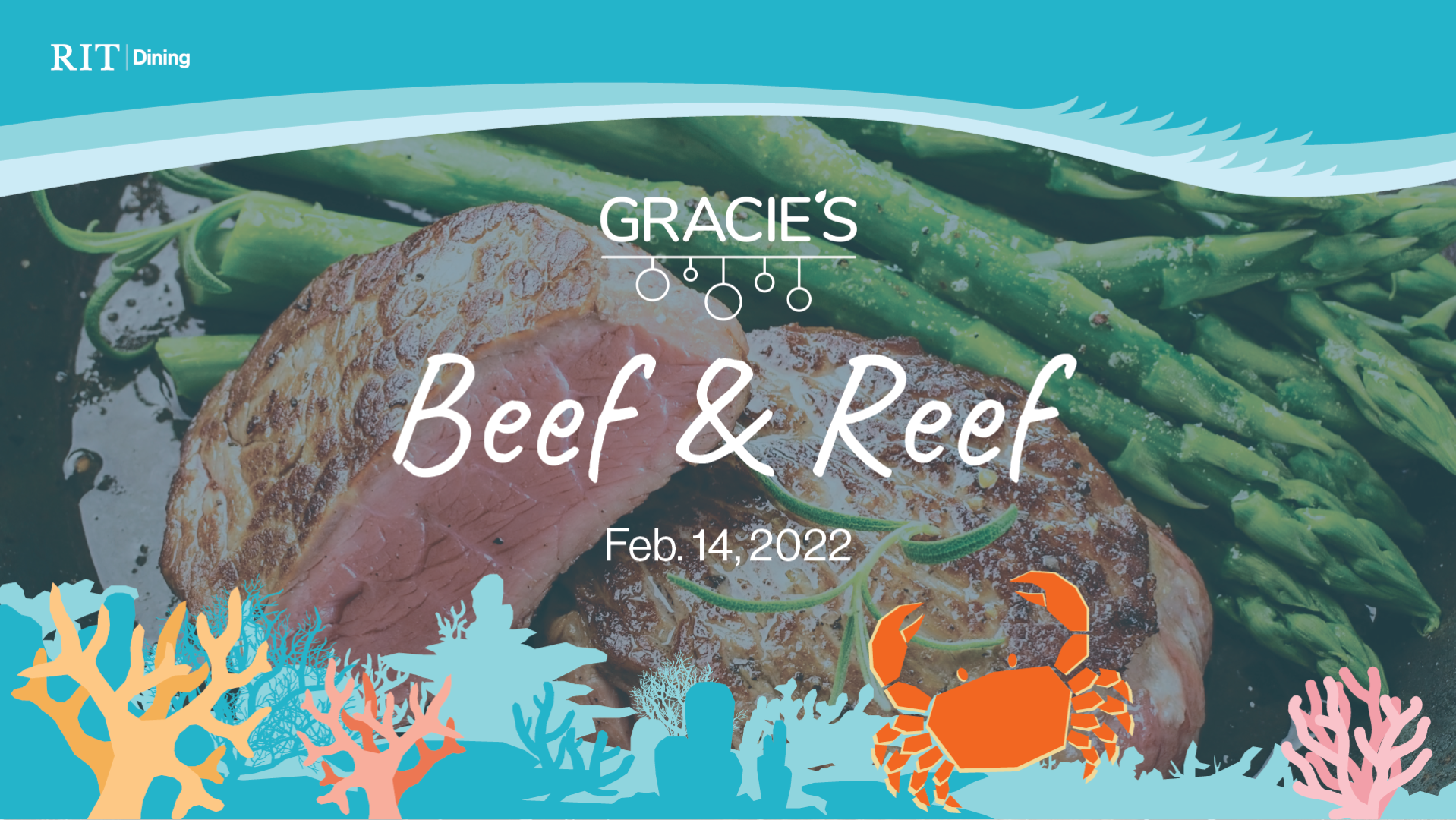 Prime Rib and Asparagus overlaid with an underwater graphic of coral and a crab