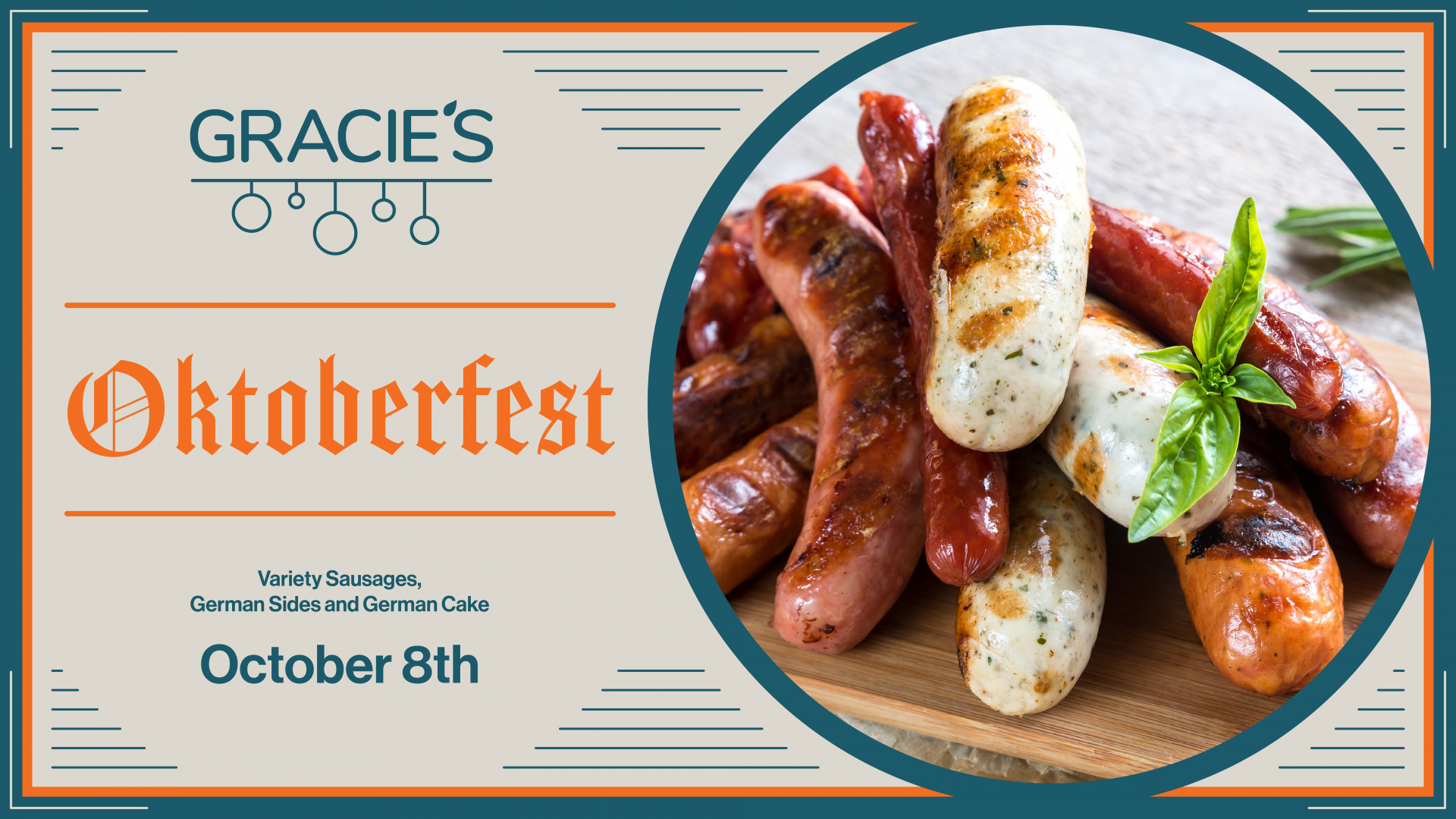grey background with a circle shaped image of sausages and Gracie's Oktoberfest text