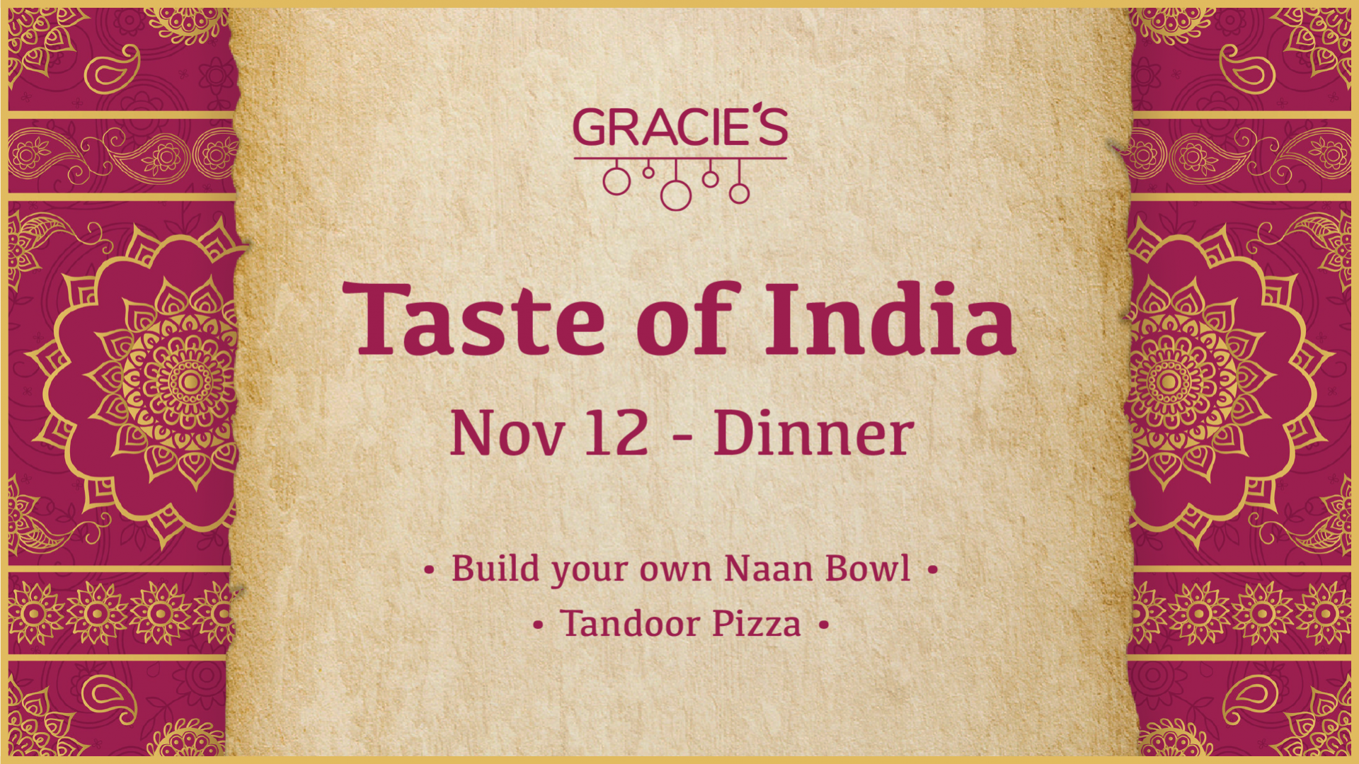 red pattern with a scroll background and "Taste of India"