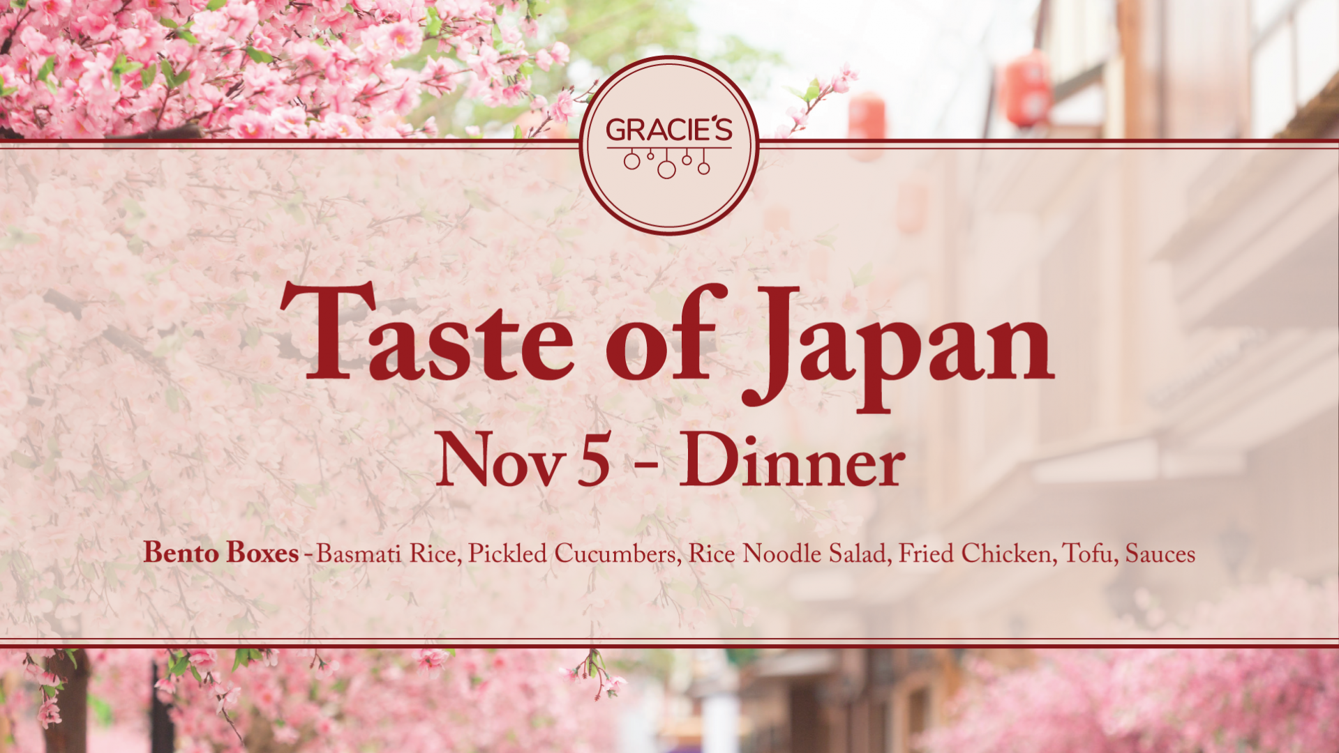 pink flowering tree background with "Taste of Japan" text